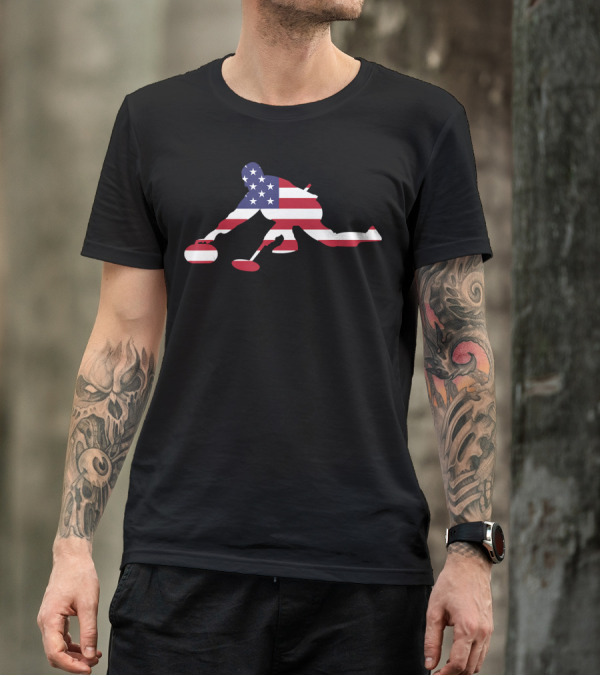 Vintage USA Flag Curling Rock Stone Roarin Player T-Shirt
