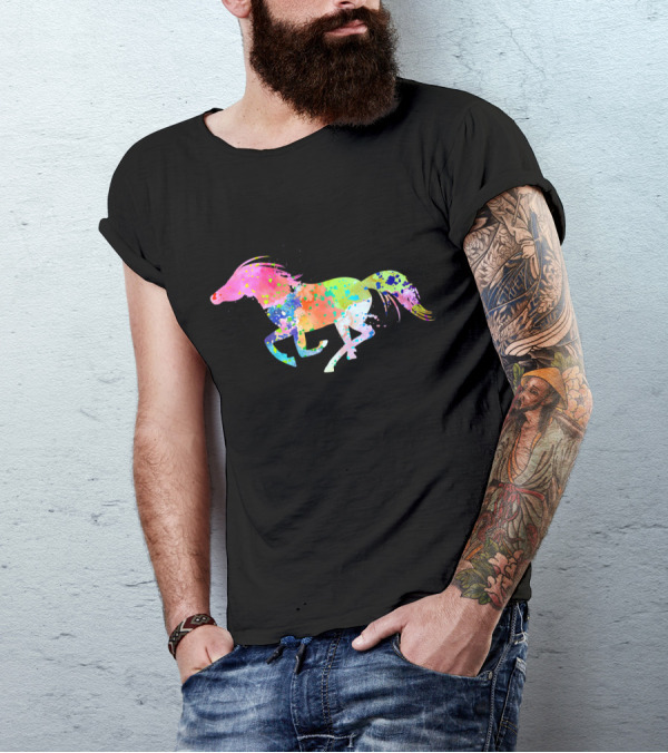 Galloping Horse Equestrian Watercolor Splatter T-Shirt
