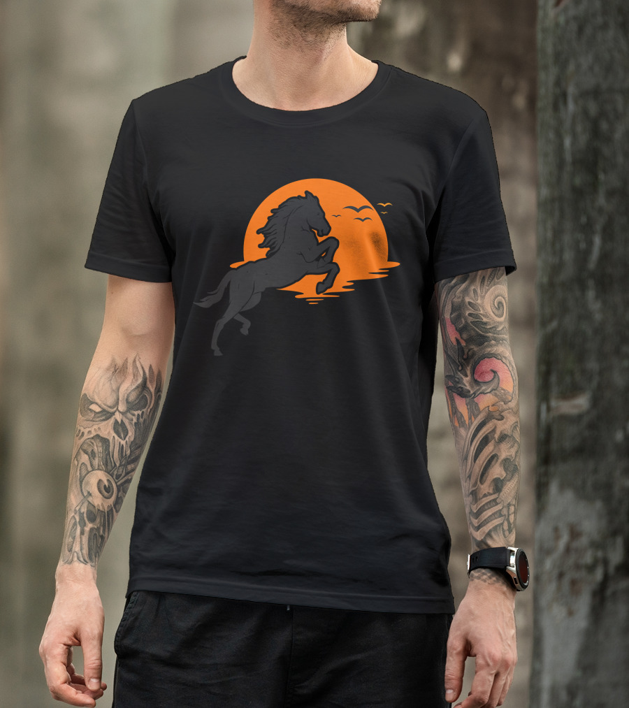 Wild Black Horse Stallion With Sunset Background And Flying Birds T-Shirt