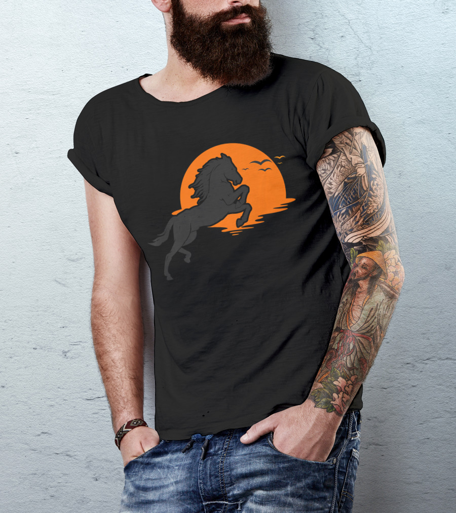 Wild Black Horse Stallion With Sunset Background And Flying Birds T-Shirt