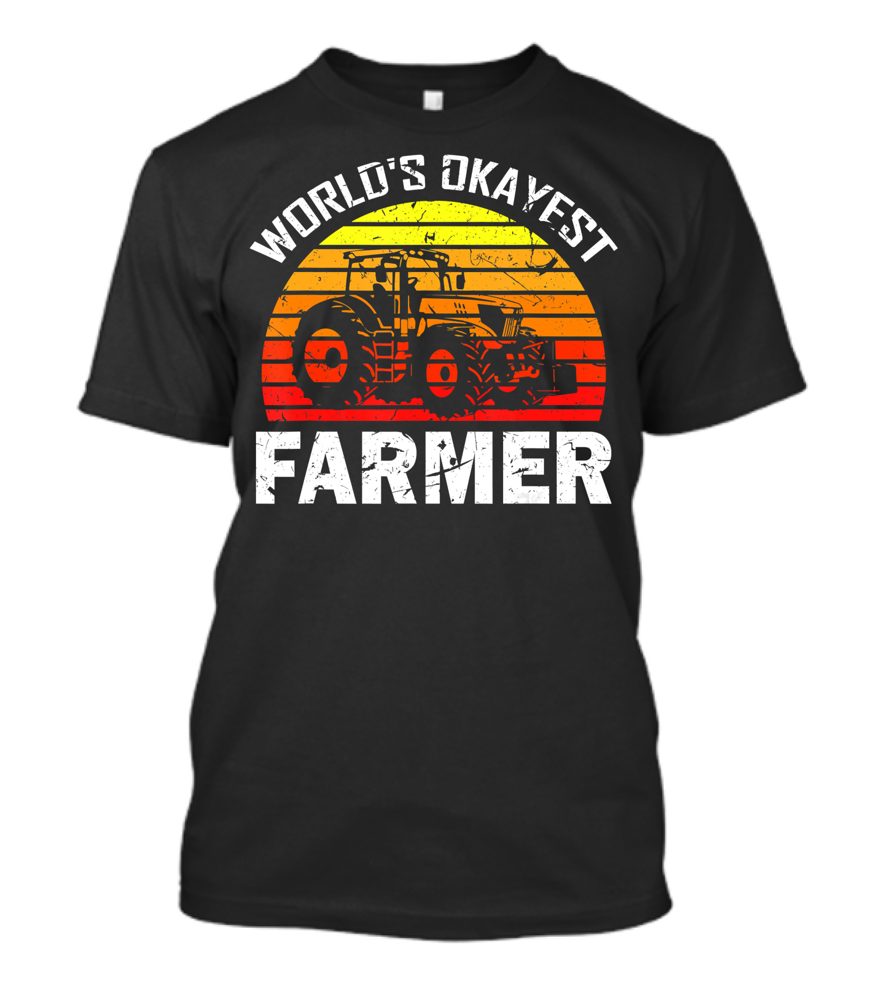 World's Okayest Farmer Funny Tractor Retro Sunset T-Shirt