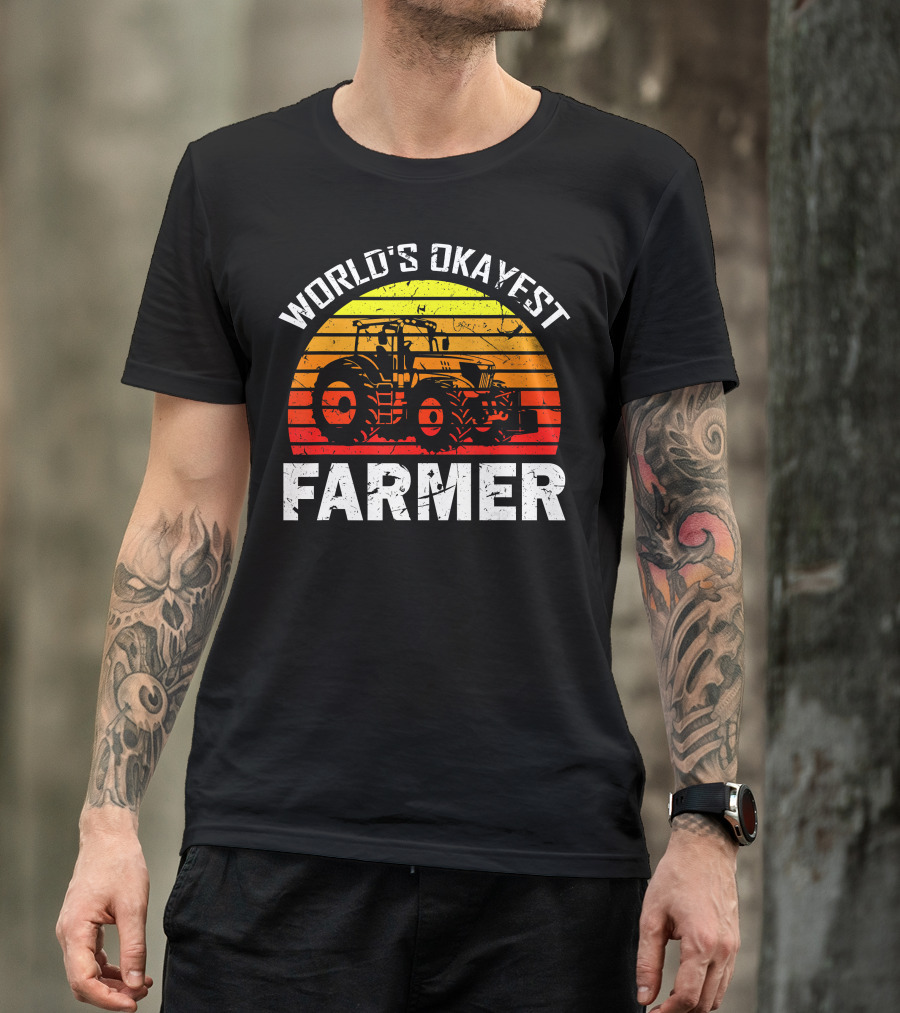 World's Okayest Farmer Funny Tractor Retro Sunset T-Shirt