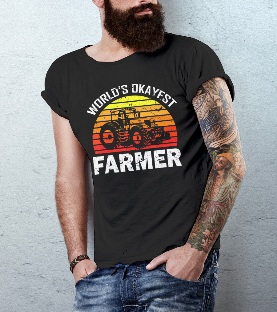 World's Okayest Farmer Funny Tractor Retro Sunset T-Shirt