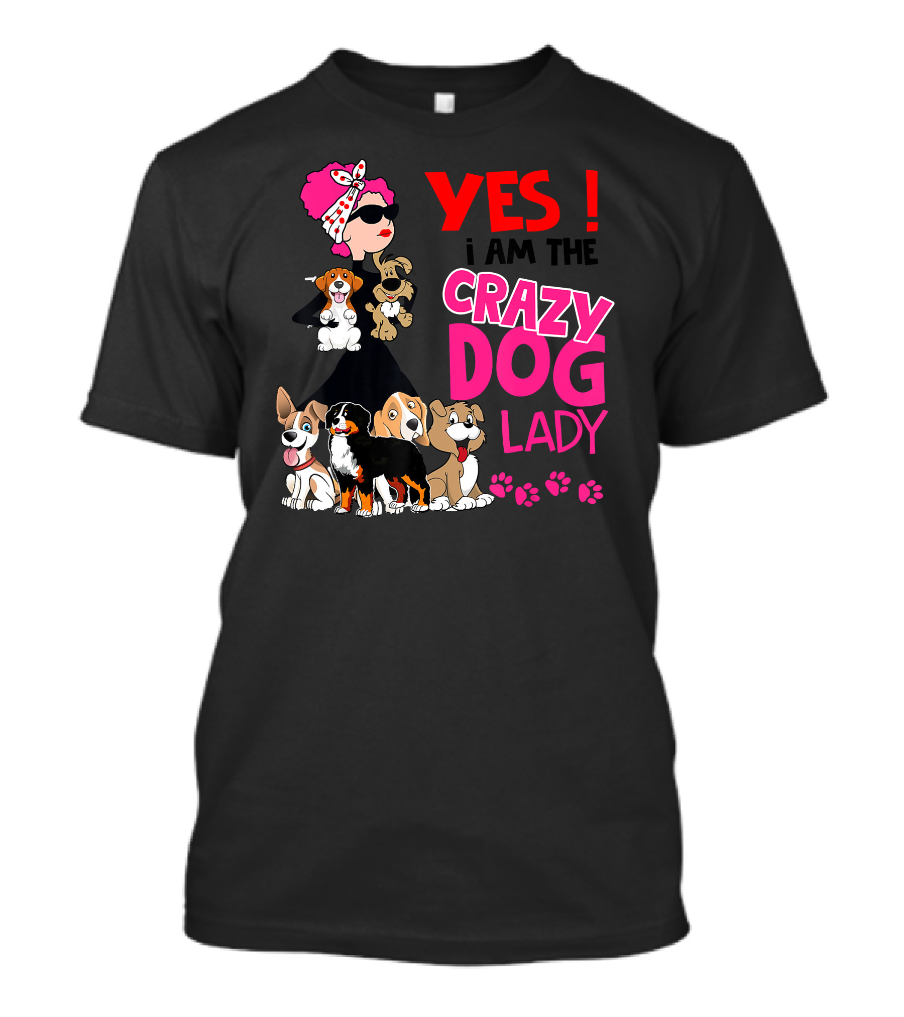 YES I AM THE CRAZY DOG LADY With Playful Cartoon Dogs And Paw Prints T-Shirt
