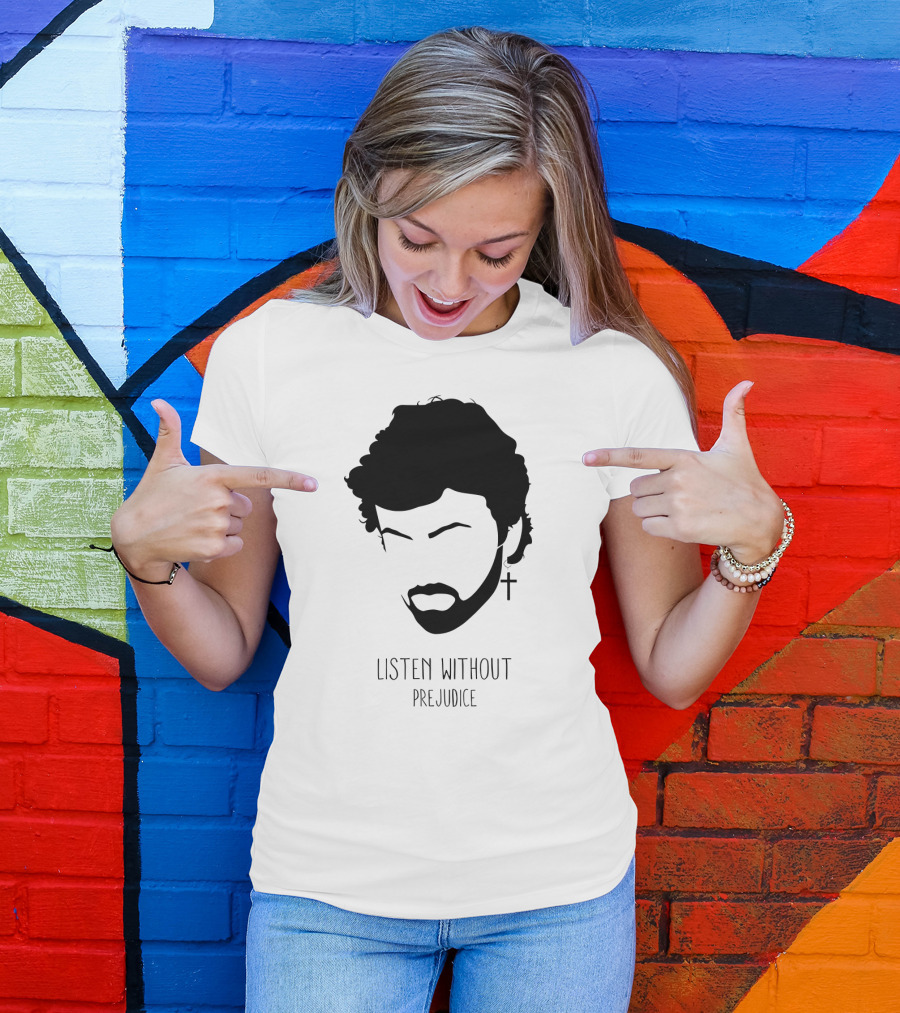Listen Without Prejudice Graphic With Cross Earring T-Shirt