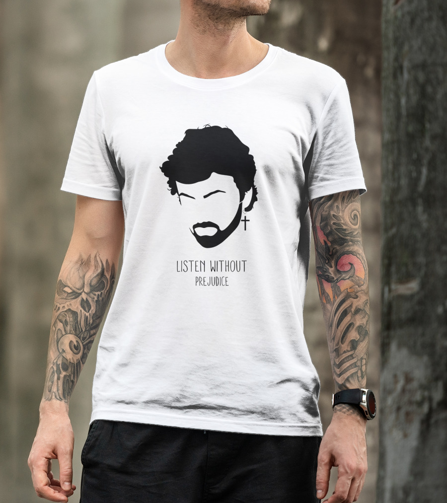 Listen Without Prejudice Graphic With Cross Earring T-Shirt