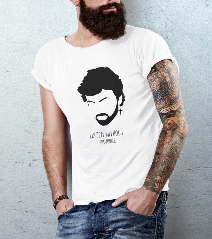 Listen Without Prejudice Graphic With Cross Earring T-Shirt