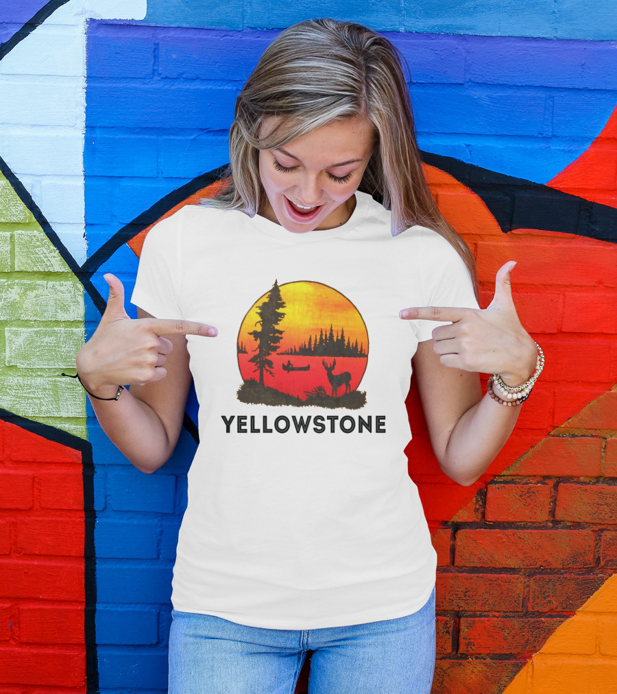 Yellowstone Sunset Scene With Canoe And Deer T-Shirt