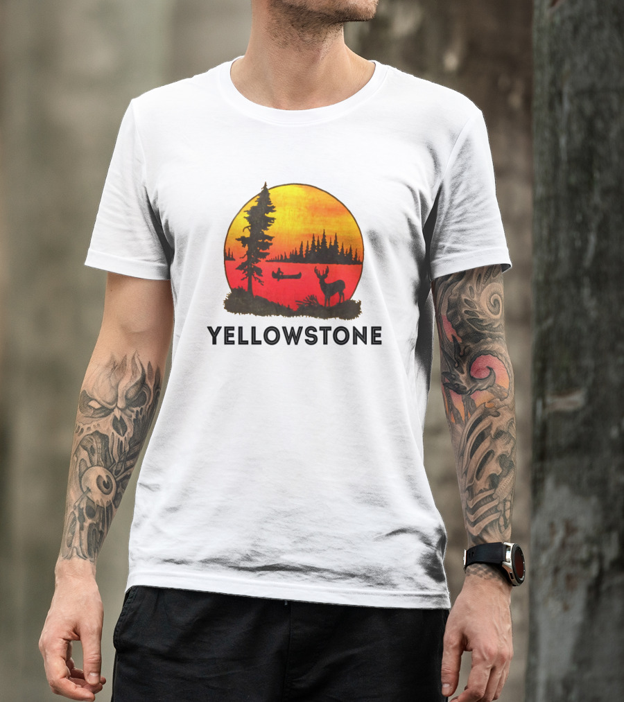 Yellowstone Sunset Scene With Canoe And Deer T-Shirt