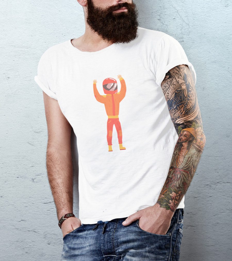 Man In An Orange Racing Suit With Helmet And Raised Arms T-Shirt