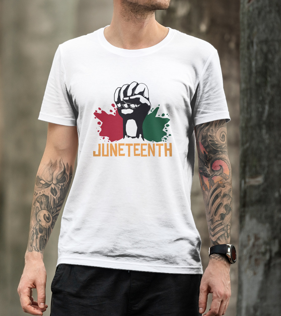JUNETEENTH Raised Fist With Red Black Green Paint Splashes T-Shirt