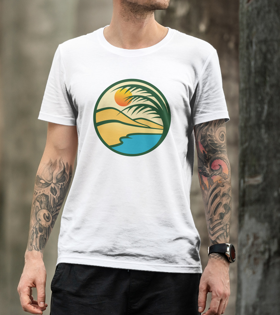 Oasis Desert Sunset With Palm And Water Scene T-Shirt