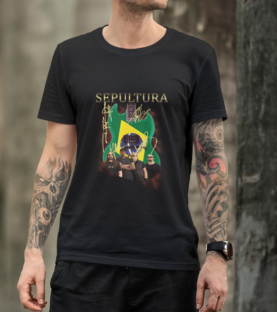 SEPULTURA Brazil Flag Guitar With Band Signatures T-Shirt
