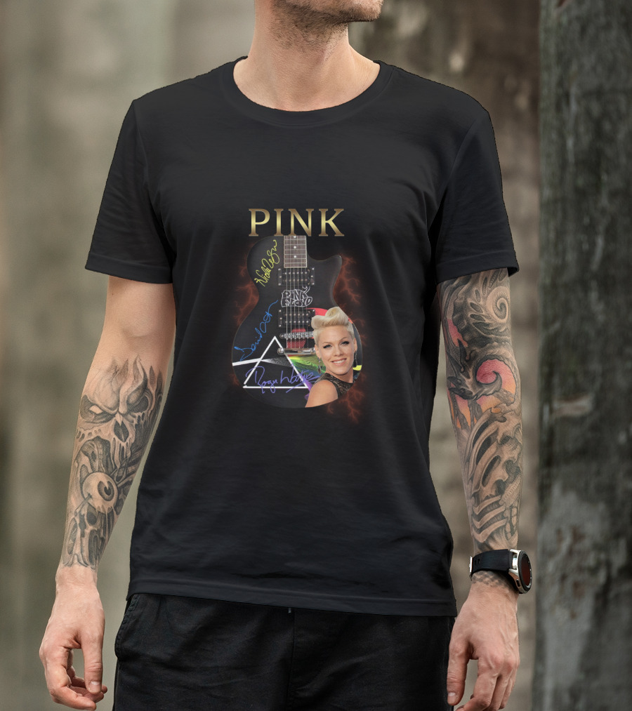 PINK Dark Side Guitar With Autographs T-Shirt