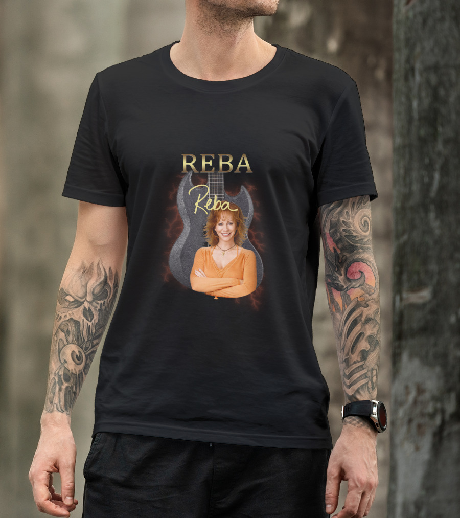 REBA Signature Guitar With Portrait On Black Electric Background T-Shirt