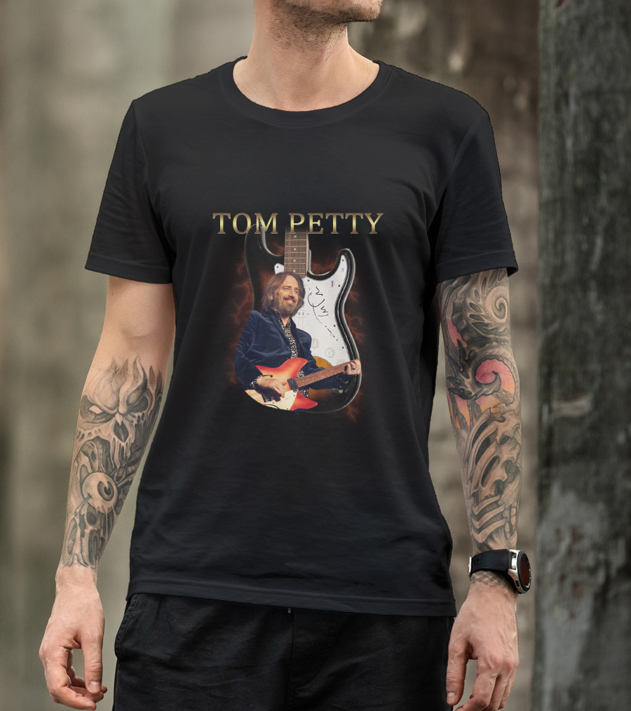 TOM PETTY Signature Guitar Image With Artist Playing Electric Guitar T-Shirt