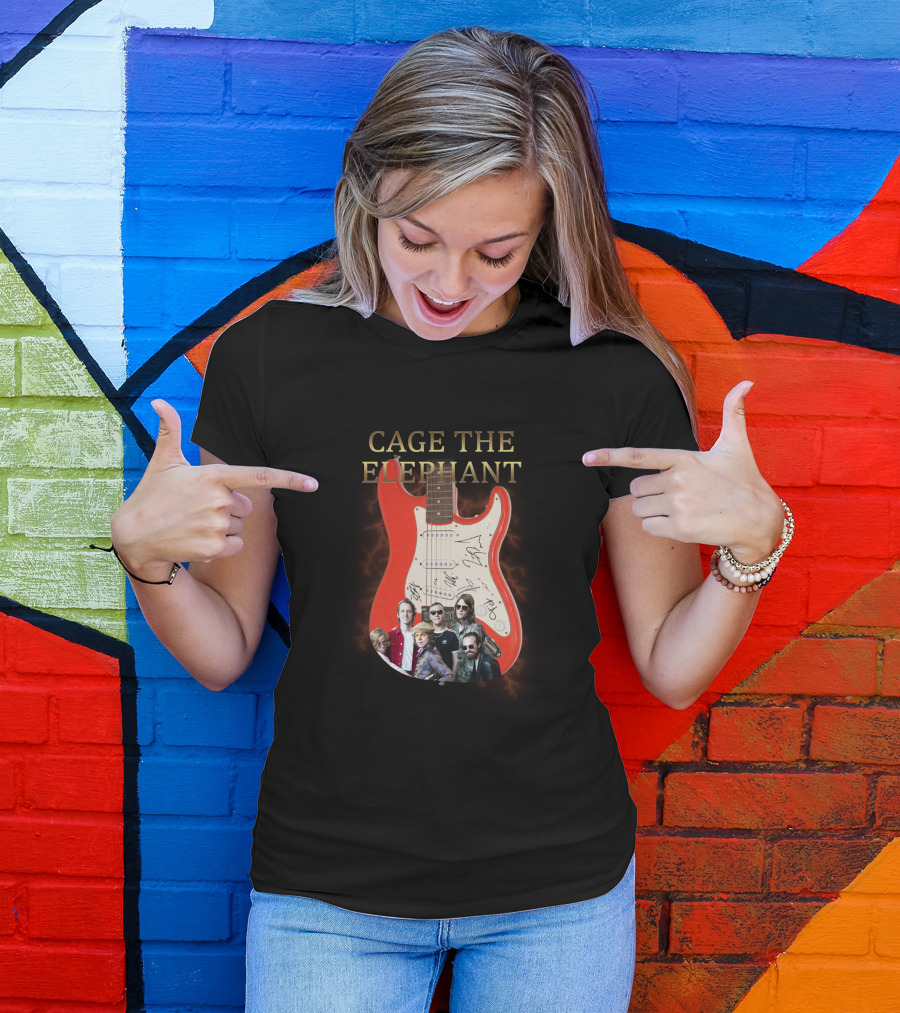 Cage The Elephant Red Electric Guitar Signatures And Band Montage T-Shirt