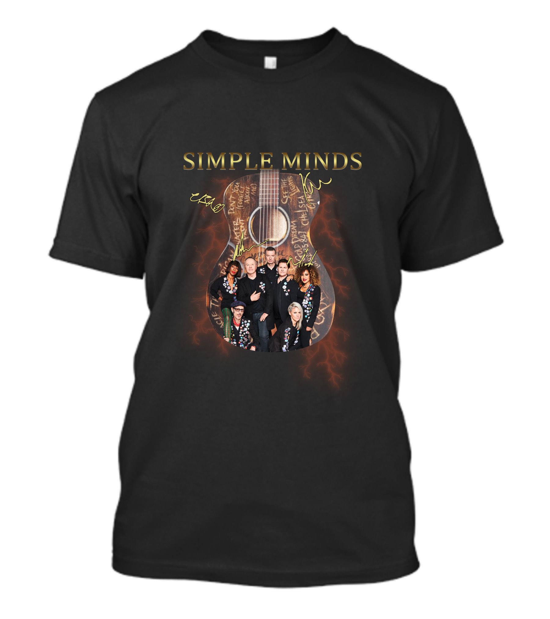 SIMPLE MINDS Acoustic Guitar Band Photo Signature Lightning T-Shirt