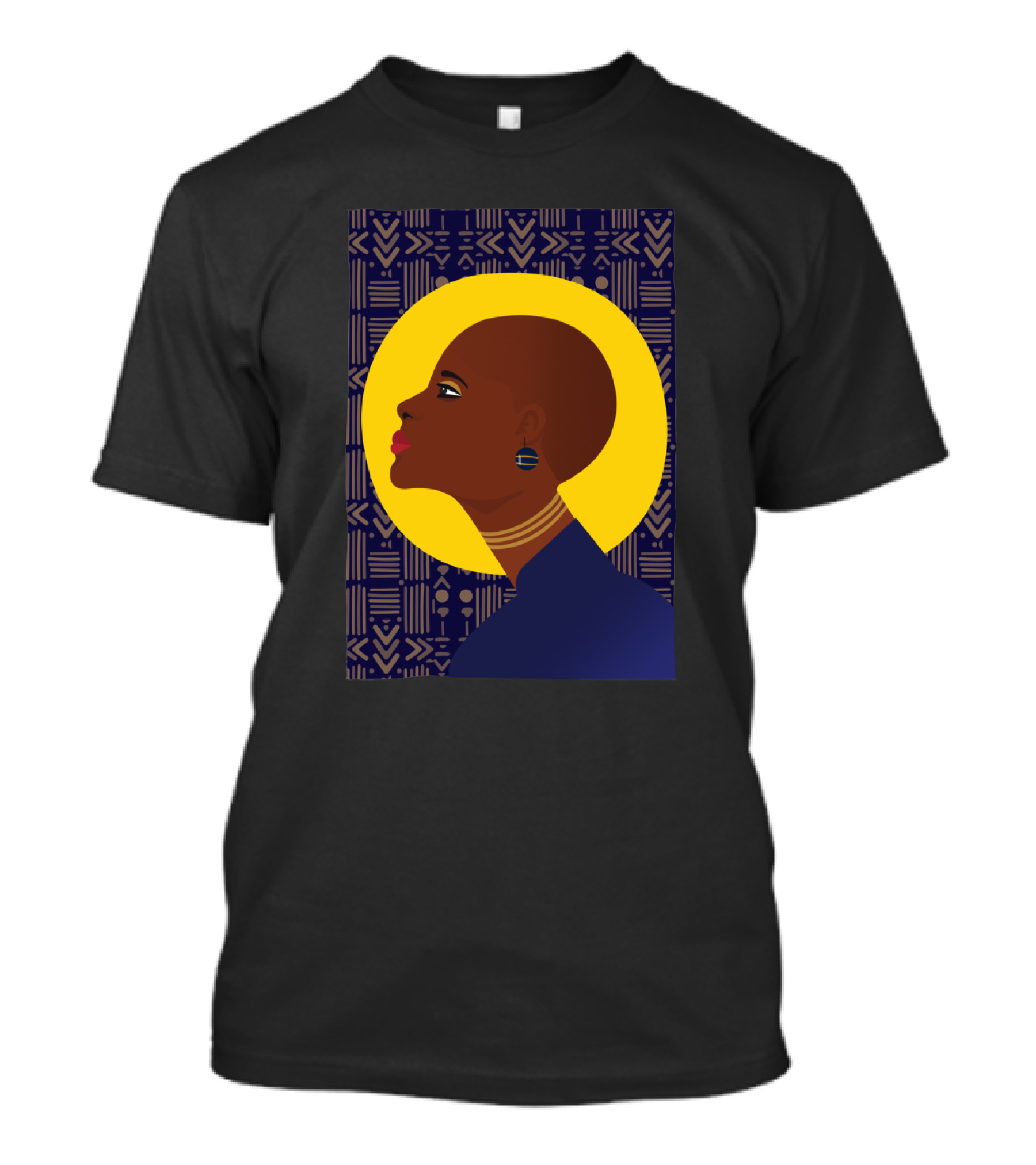 HawaAfrican Bold Portrait With Afrocentric Pattern Halo And Earrings T-Shirt