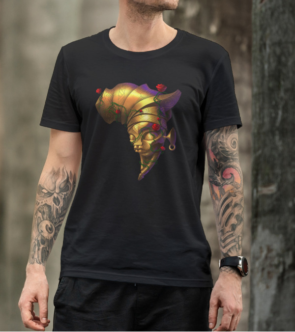 Golden African Mask With Red Roses And Vines T-Shirt