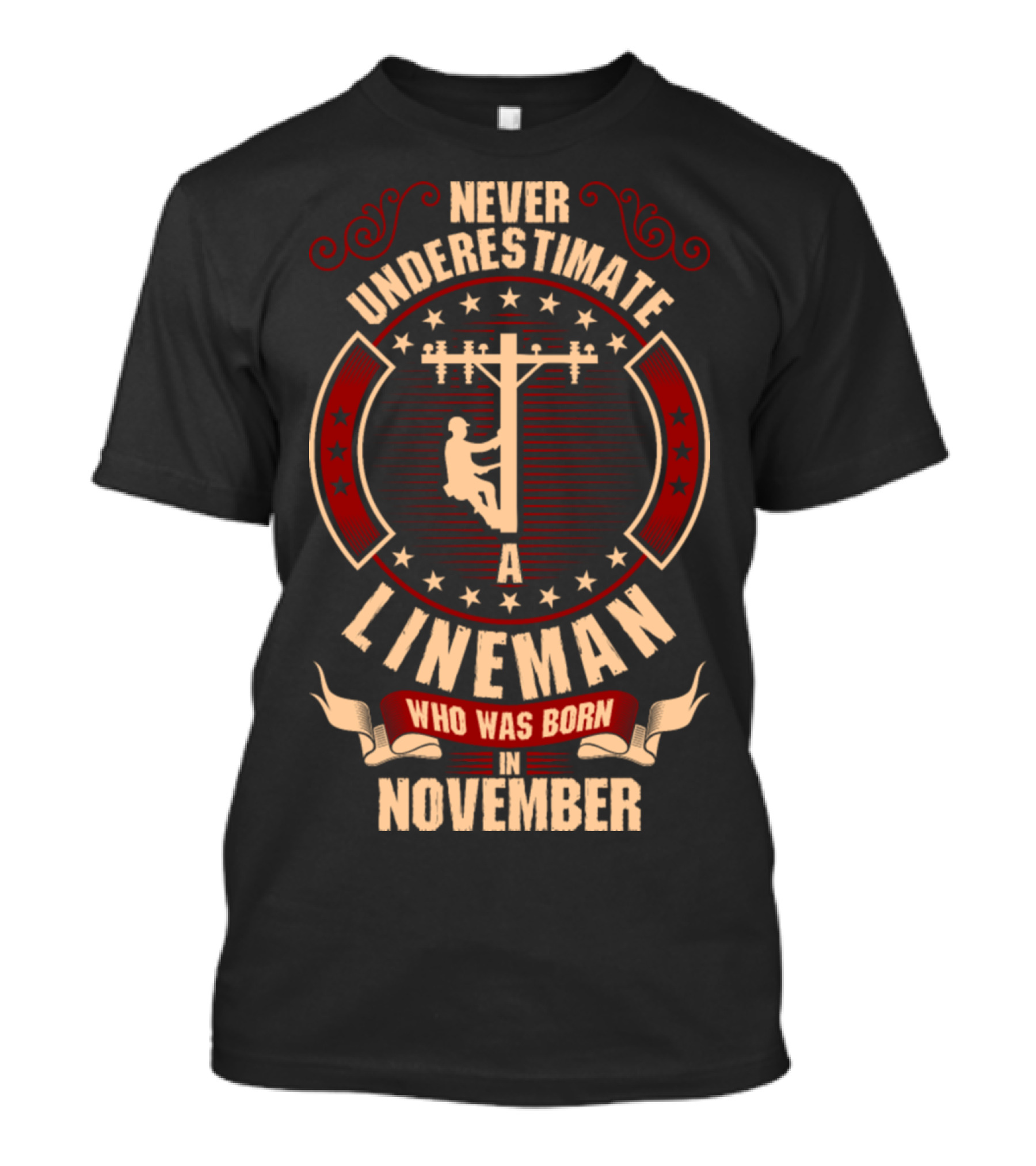 Never Underestimate A Lineman Who Was Born In November With Power Line Graphic And Stars T-Shirt