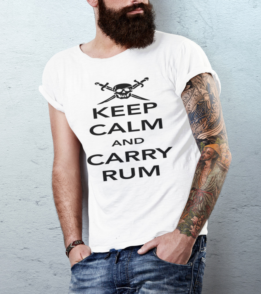 Keep Calm And Carry Rum Skull With Crossed Swords Iconic Pirate T-Shirt