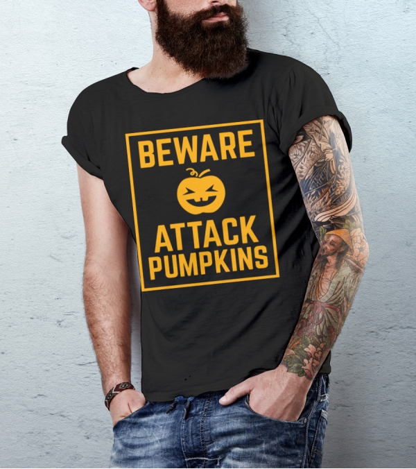 Beware Of Jack-O'-Lantern Attack Pumpkins Warning T-Shirt