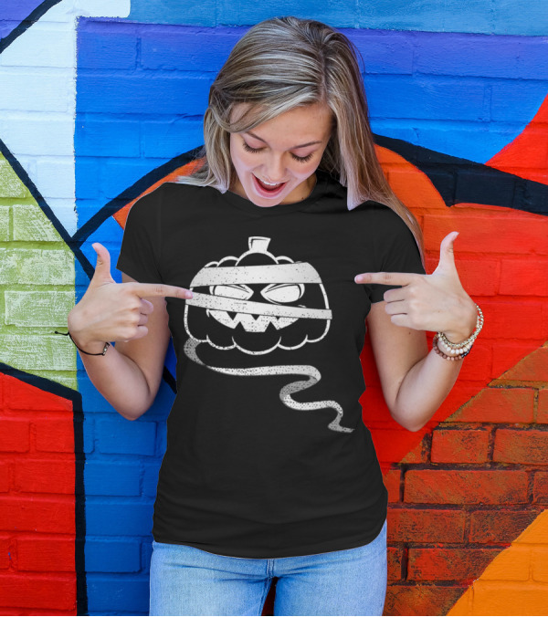 Spooky Mummy Pumpkin Halloween Face Wrapped In Bandages T-Shirt