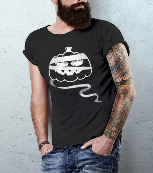 Spooky Mummy Pumpkin Halloween Face Wrapped In Bandages T-Shirt