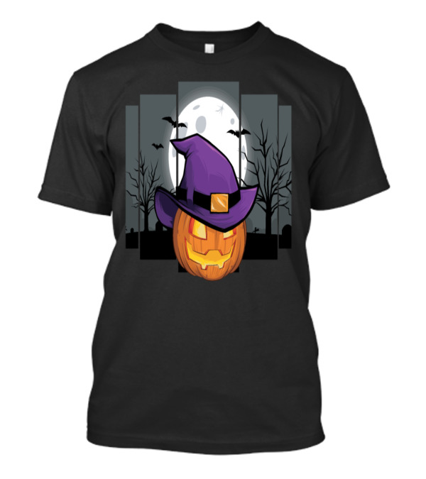 Halloween Pumpkin With Purple Witch Hat And Full Moon Background T-Shirt
