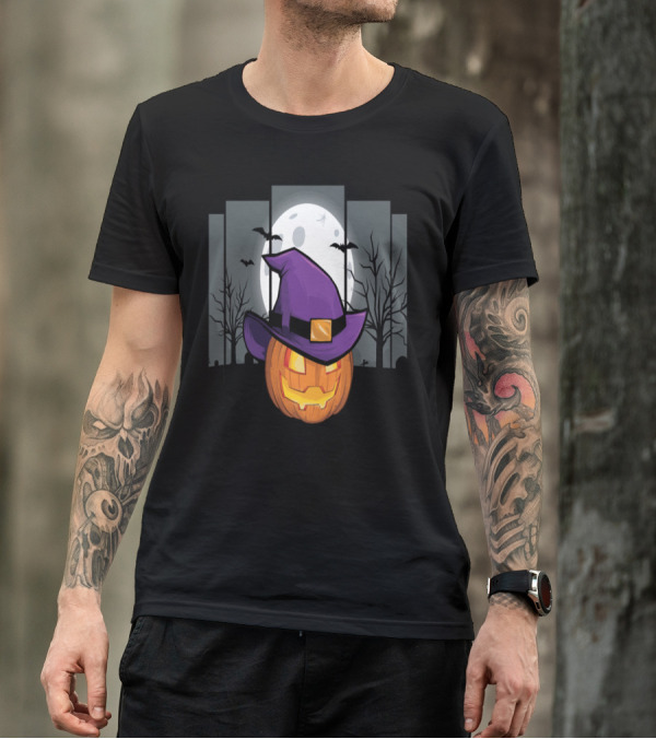 Halloween Pumpkin With Purple Witch Hat And Full Moon Background T-Shirt