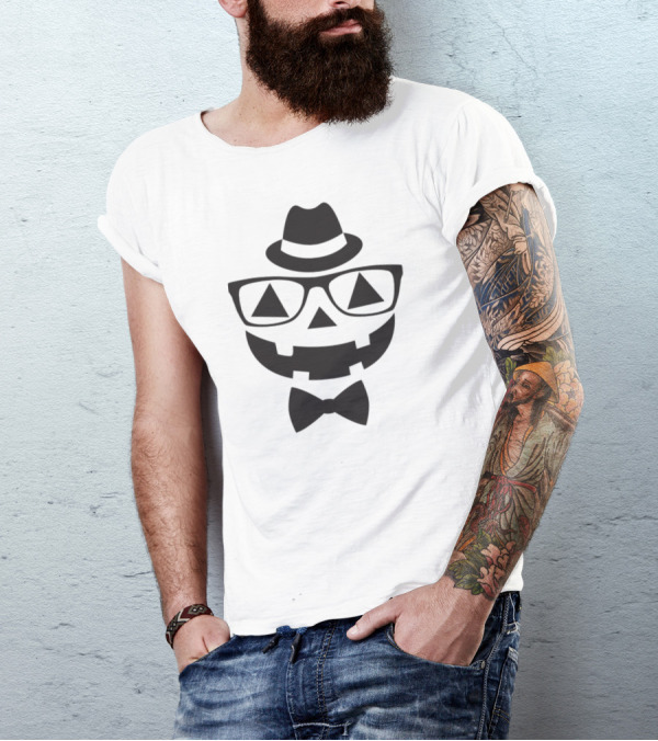 Hipster Pumpkin Face With Hat Glasses And Bowtie T-Shirt