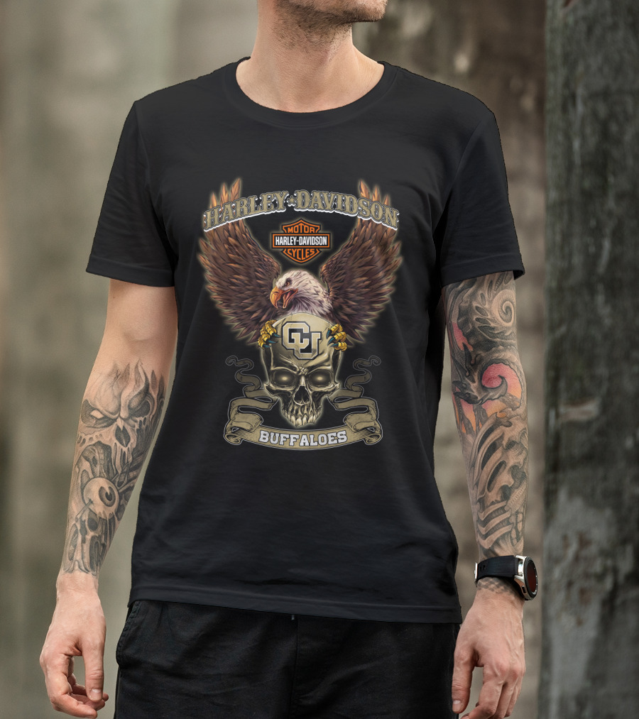 Harley Davidson Motor Cycles Cu Buffaloes Eagle Skull T-Shirt
