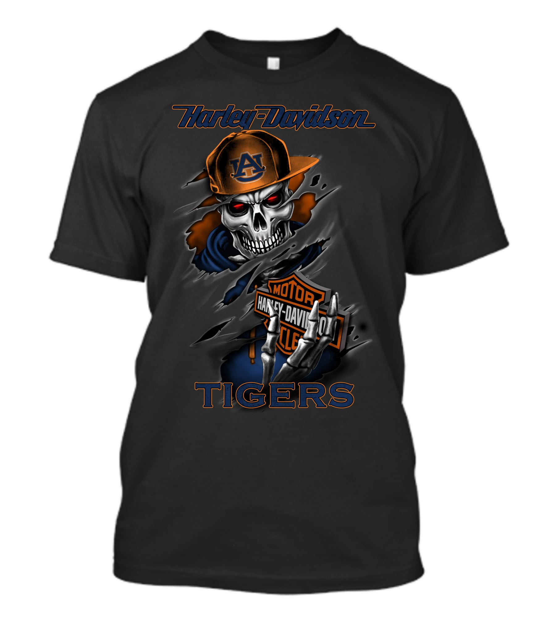 Harley Davidson Auburn Tigers Skull With Cap And Motorcycle T-Shirt