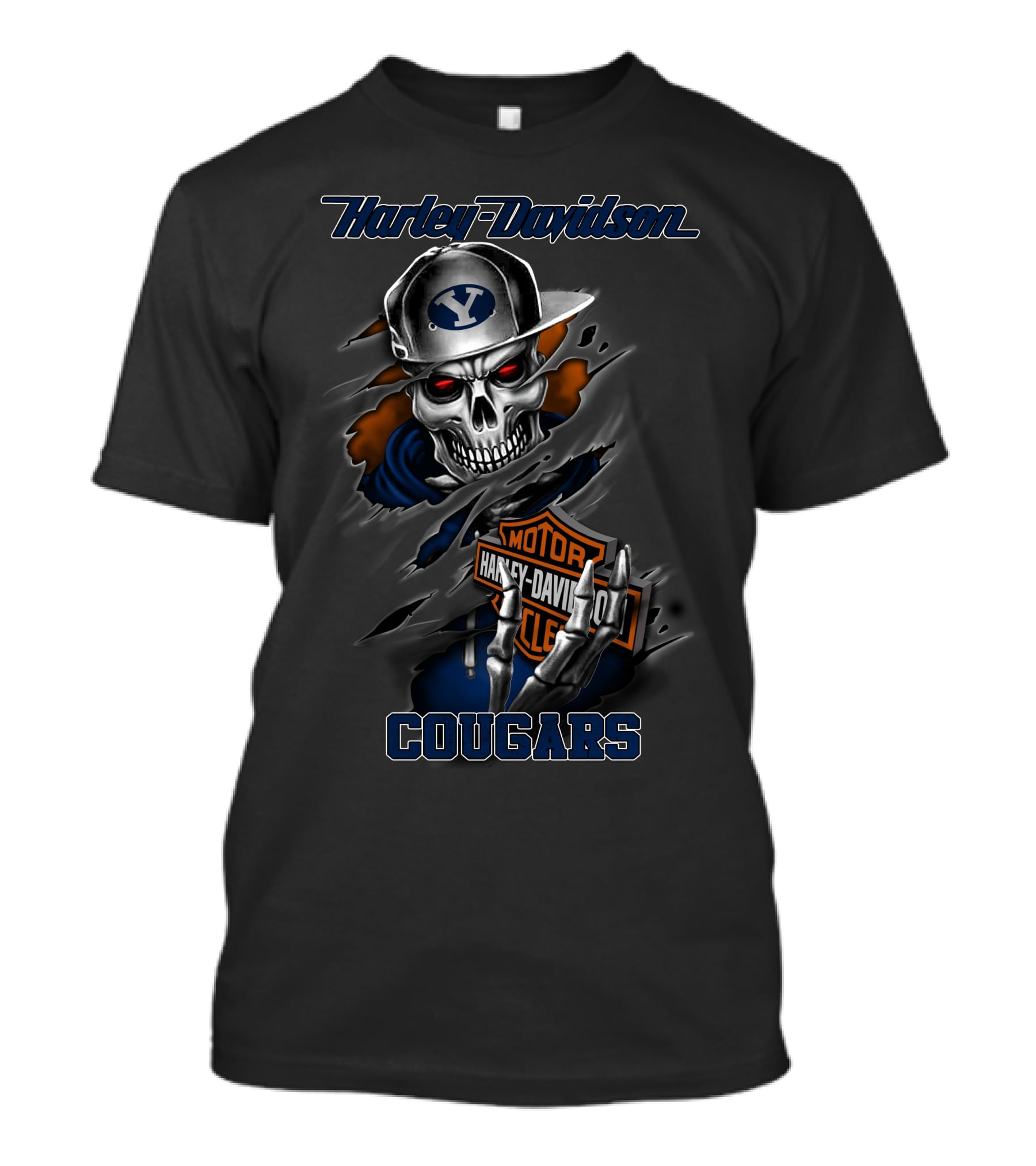 Harley Davidson Byu Cougars Skeleton With Motorcycle Logo And Cap T-Shirt