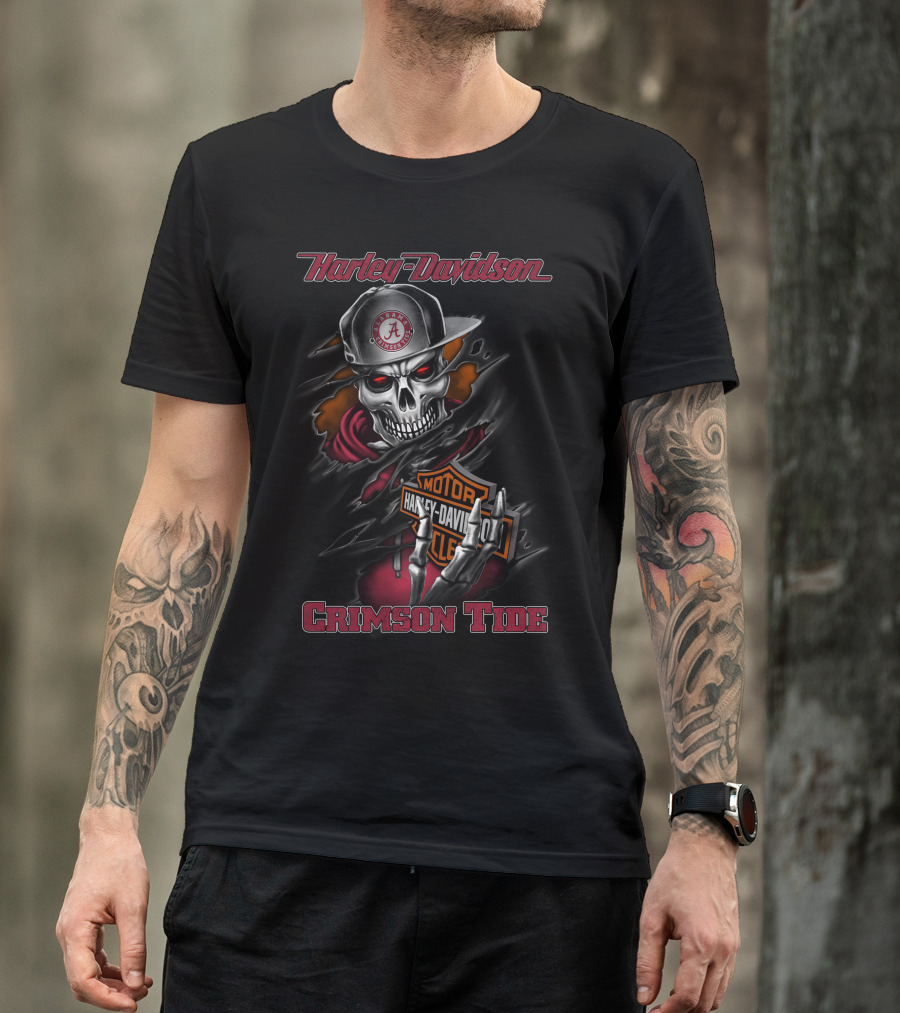 Harley Davidson Alabama Crimson Tide Skulled Rider With Cap And Hoodie T-Shirt
