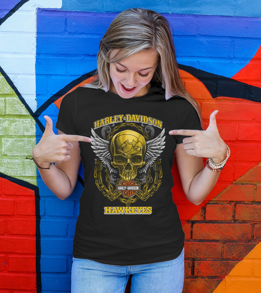 Harley Davidson Motor Cycles Hawkeyes Skull Wings T-Shirt