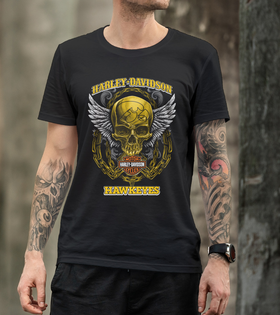 Harley Davidson Motor Cycles Hawkeyes Skull Wings T-Shirt