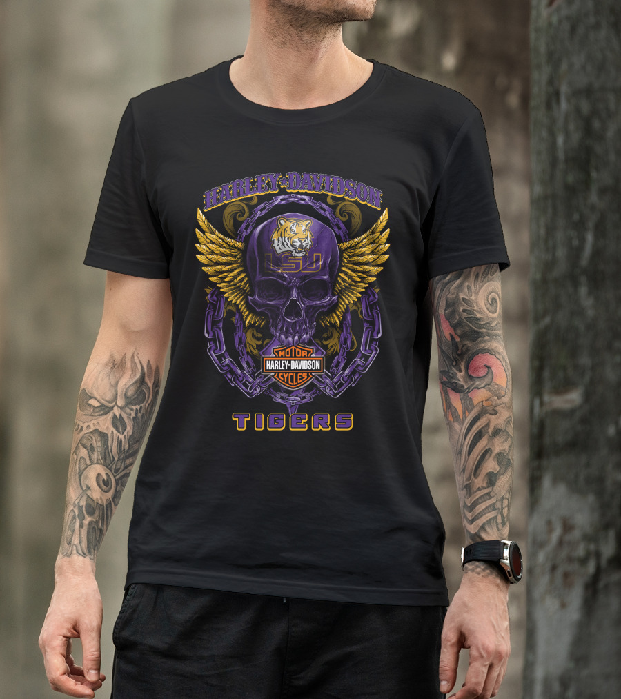 Harley Davidson Motor Cycles Lsu Tigers Skull And Wings T-Shirt