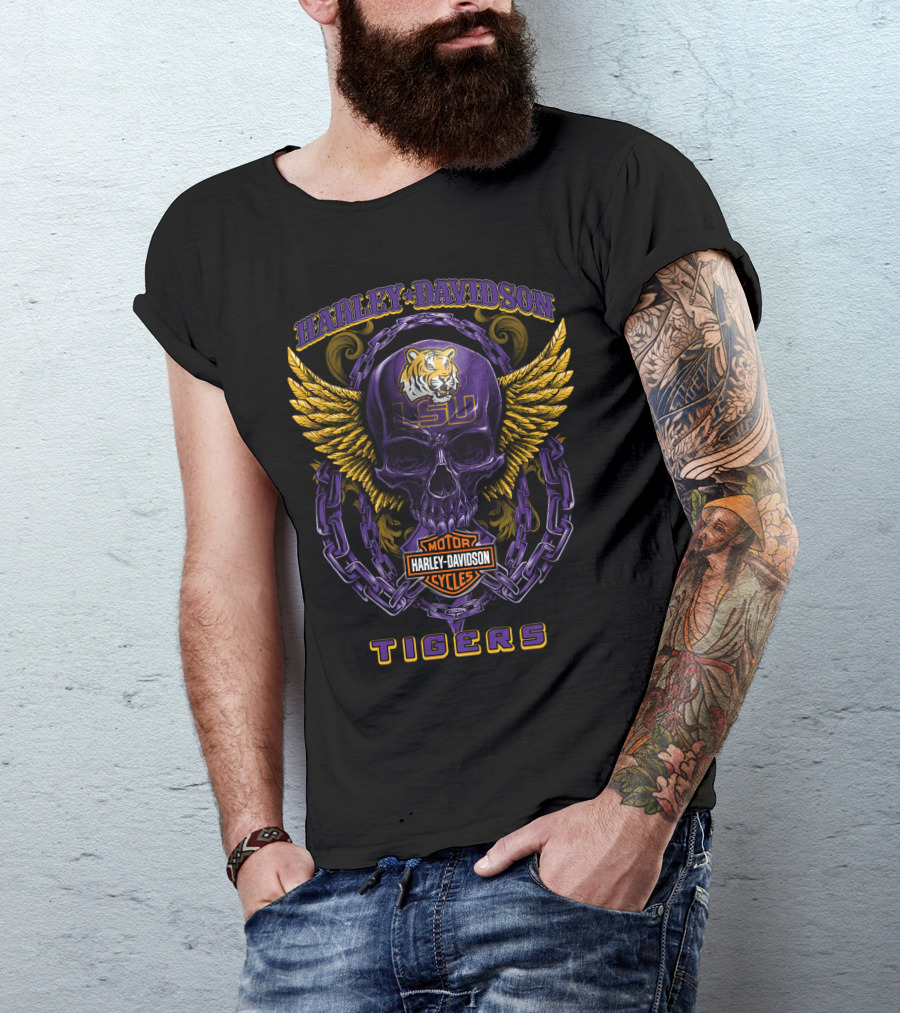 Harley Davidson Motor Cycles Lsu Tigers Skull And Wings T-Shirt