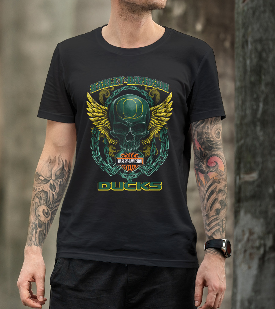 Harley Davidson Oregon Ducks Motorcycles Skull With Wings T-Shirt