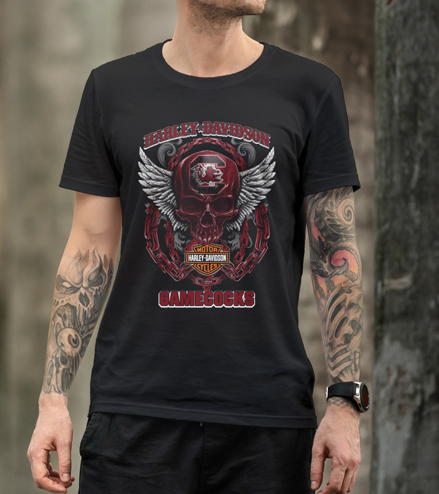 Harley Davidson South Carolina Gamecocks Skull Design With Wings And Chains T-Shirt