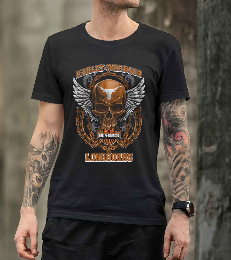 Harley Davidson Motorcycles Longhorns Skull With Wings And Chains T-Shirt