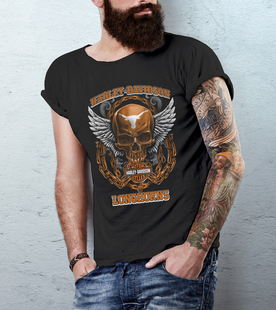 Harley Davidson Motorcycles Longhorns Skull With Wings And Chains T-Shirt