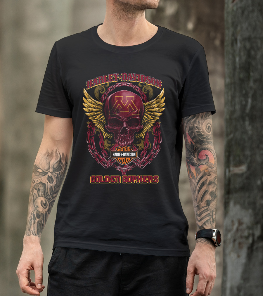 Harley Davidson Minnesota Golden Gophers Skull Wings Motorcycle Chains T-Shirt