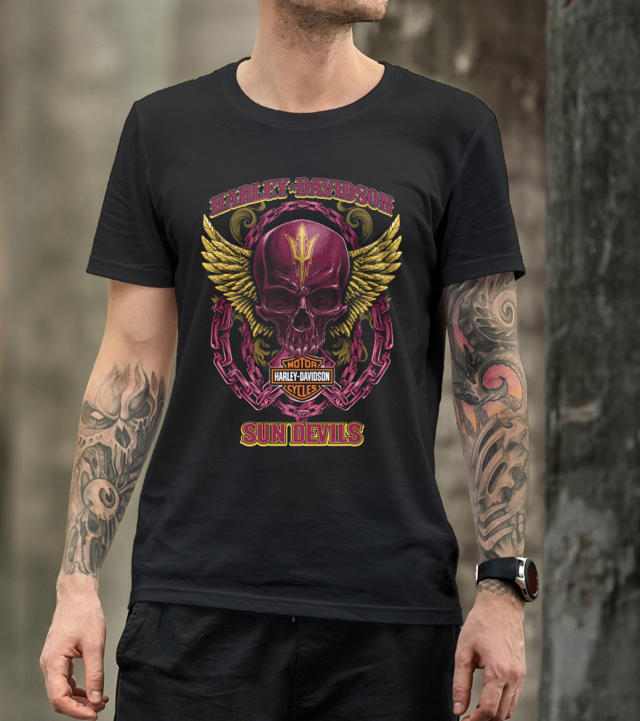 Harley Davidson Arizona State Sun Devils Motorcycles Skull With Wings T-Shirt