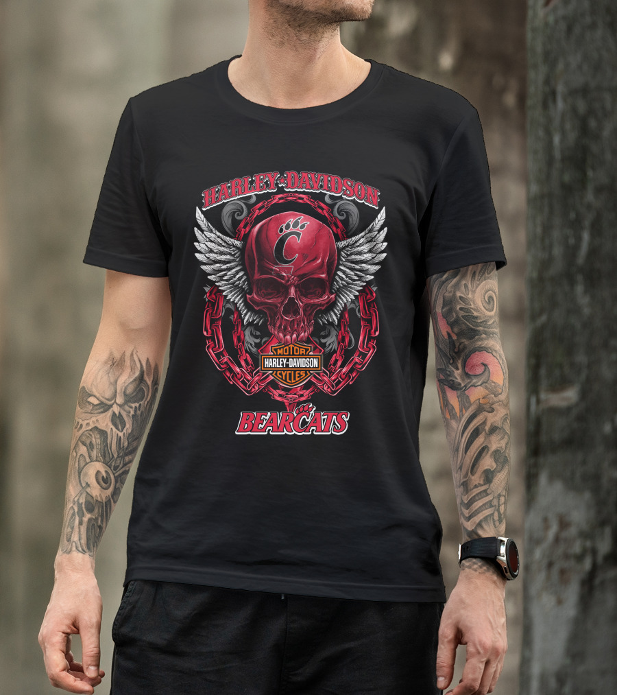 Harley Davidson Motor Cycles Cincinnati Bearcats Skull With Wings And Chains T-Shirt