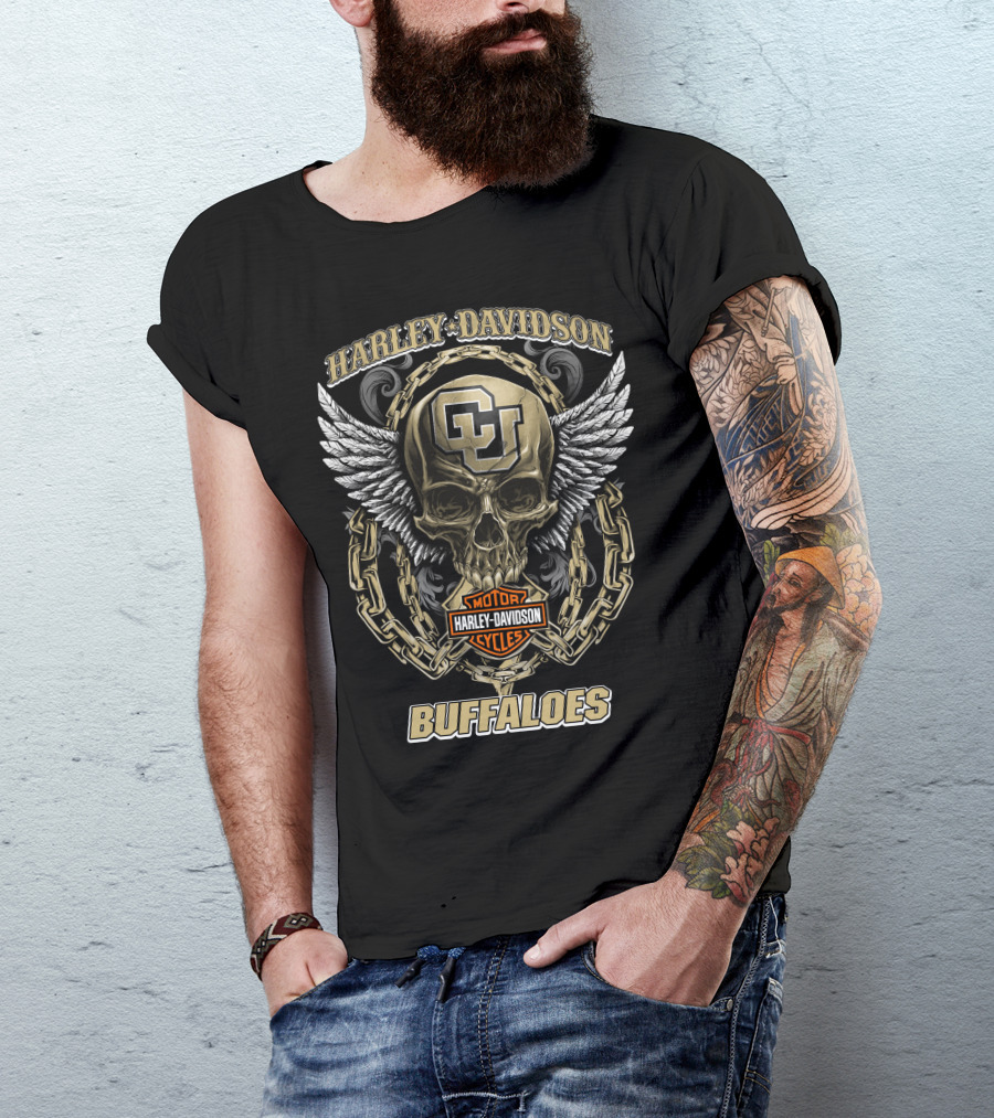Harley Davidson Motor Cycles Colorado Buffaloes Skull Logo Chains Wings T-Shirt
