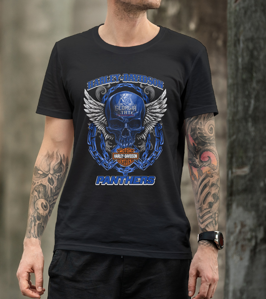 Harley Davidson Georgia State Panthers Skull Wings Chain Motorcycle Cycles T-Shirt