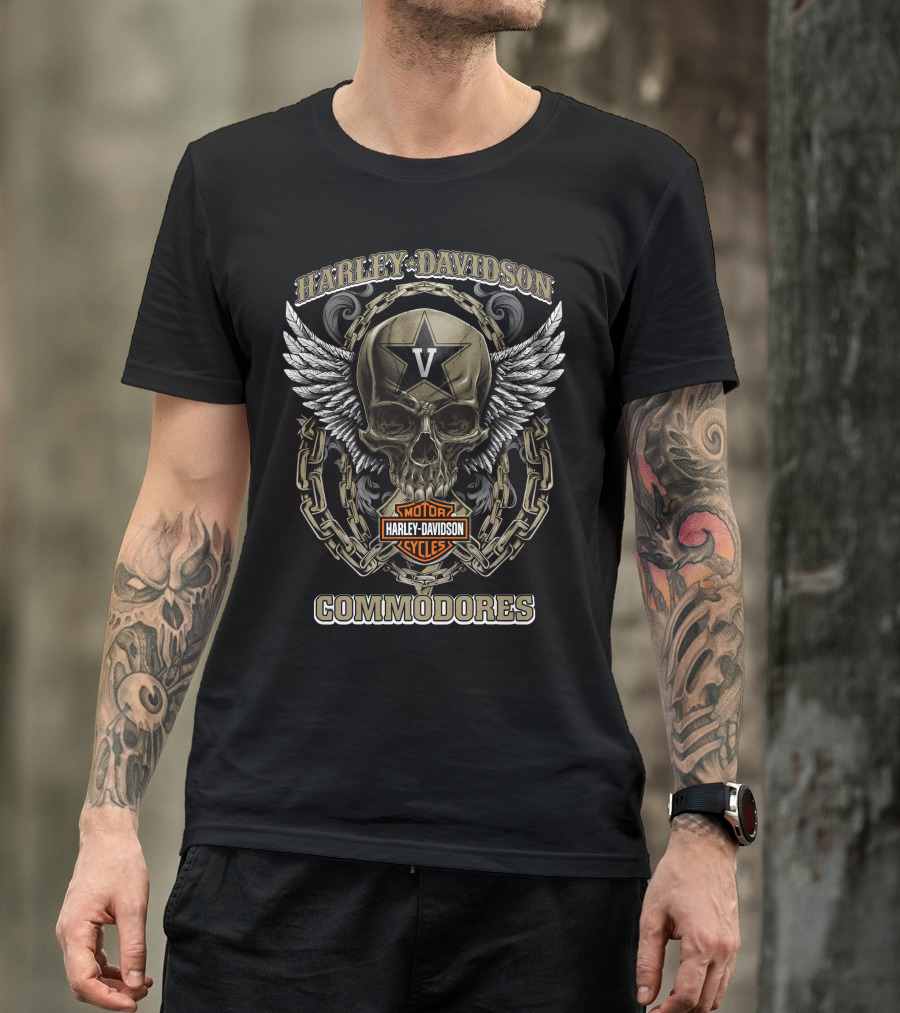 Harley Davidson Motorcycles Commodores Vanderbilt V Skull Wings Chains T-Shirt